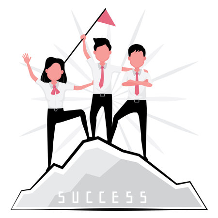 achieve goal picture feature a man and woman stand on the top of a mountain with flag as a metaphor of successのイラスト素材