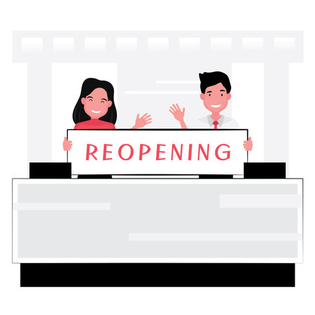 restaurant and hotel is reopening after get lockdown for sometime due to the pandemic feature man and woman are sitting at reception counter with the signのイラスト素材
