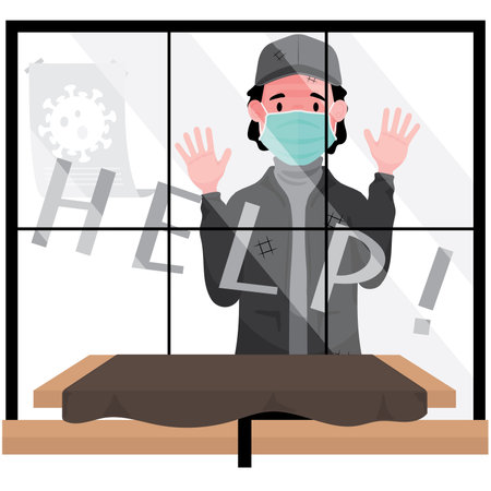homeless people who unemployed  need help feature a man standing outside  the window asking for helpのイラスト素材