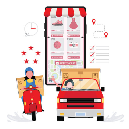 A logistic company deliver a parcel or a box to customer by red scooter and car following an order lists from mobile phoneのイラスト素材