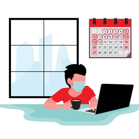 A man in red who wearing mask is staying home during quarantine period feature computer and calendarのイラスト素材