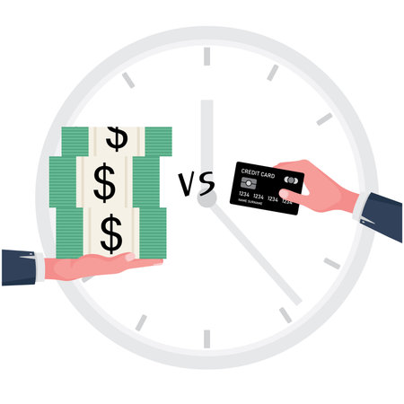 A cartoon showing cash VS credit card payment feature one hand holding bank note while the other hand giving cardのイラスト素材