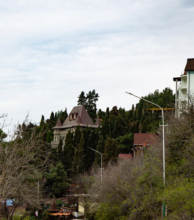 Beautiful view of the building on the mountain in spring in the city of Alushtaの写真素材
