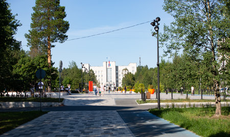 Repair of the road in the center of the city of Noyabrsk on Yamal in summerの写真素材