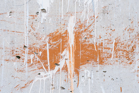 Horizontal rough wall light structure made of concrete with patches of white and orange paint closeup. Grey textured background of stone and cement.の写真素材