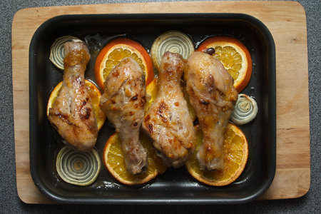 Fried chicken on the baking panの写真素材