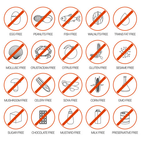 Vector set of warning labels for food allergens, gluten, lactose, etc. and GMOのイラスト素材