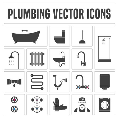 Collection of vector  plumbing symbols and icons. Illustrations of droplet, pipes, faucet, handyman, bathtubのイラスト素材