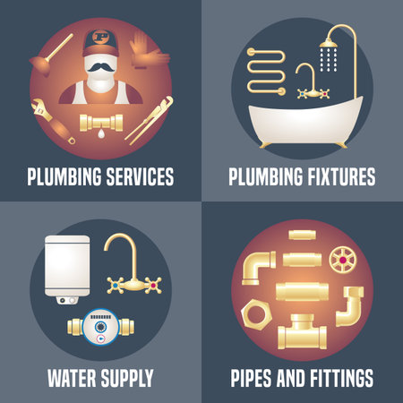 House plumbing - collection of four vector banners, posters with plumbing symbols. Handyman services advertising illustrationsのイラスト素材