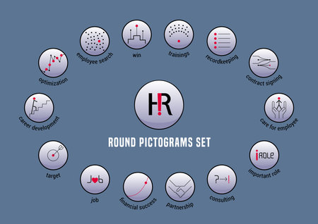 Human resource vector round icons set with lettering for print, web, presentation, etc.