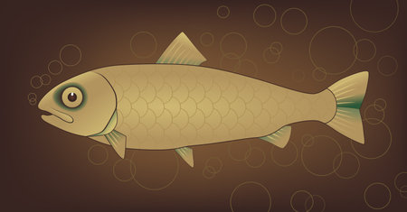 Vector golden fish with bubbles on brown backgroundのイラスト素材