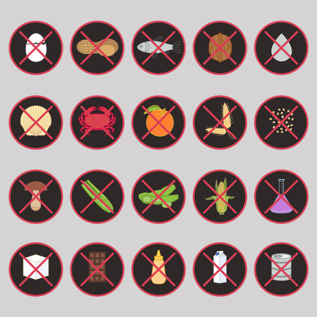 Vector set of warning labels for food allergens - gluten, lactose, etc - and GMOのイラスト素材