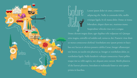 Map of Italy vector illustration, design. Icons with Italian Colosseum, Milan, Venice. Sicilia and Sardinia islands. Explore Italy concept imageのイラスト素材
