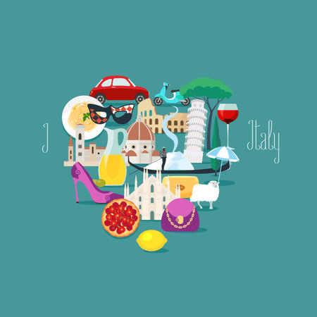 I love Italy concept vector illustration, design element. Italian icons set - pizza, wine, pasta, Pisa tower, Colosseum, etc. Hand drawn letering for Italyのイラスト素材