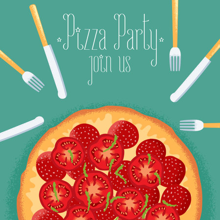 Italian pizza party invitation, celebration image. Design element with pizza, fork and knife for flyer, poster, greeting cardのイラスト素材
