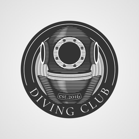 Diving and snorkeling vector icon, symbol, emblem, sign, design element. Retro, vintage diving suit illustrationのイラスト素材