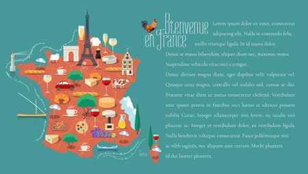 Map of France vector illustration, design. Icons with French Eiffel tower, wine, arch of triumph. Paris capital. Explore France concept. Bienvenue en France - Welcome to Franceのイラスト素材