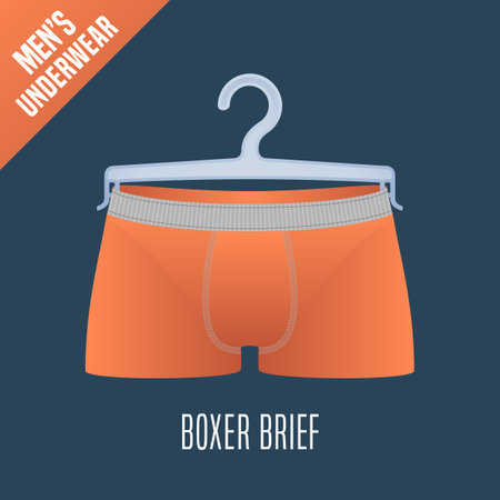 Men's underwear vector illustration. Men boxer brief, boxers underwear model. Clothing detail, design element on hanger display for retailのイラスト素材