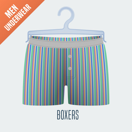 Men's underwear vector illustration. Design element of clothing detail on hanger display for retail, cloakroom. Men boxers underwear modelのイラスト素材