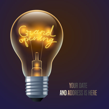 Grand opening vector banner, illustration, background. Design element with electric bulb with Grand opening spiral signのイラスト素材