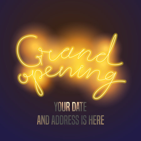 Grand opening vector banner, illustration, background. Design element with electric light sign with original lettering for opening event, ceremony, advertisingのイラスト素材