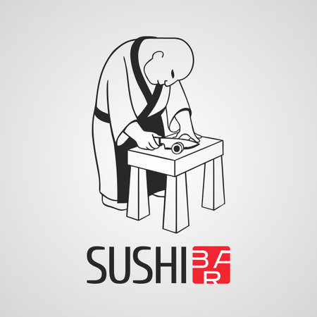 Sushi vector template logo, icon, emblem. Nonstandard design element, illustration with chef cooking at the kitchen for sushi bar, Japanese or seafood restaurant menuのイラスト素材