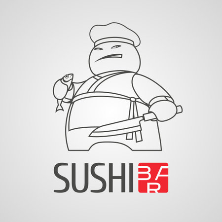 Sushi vector logo, icon, symbol, logotype. Graphic design element with thin line cooking chef for sushi bar, Japanese restaurant menu decorationのイラスト素材