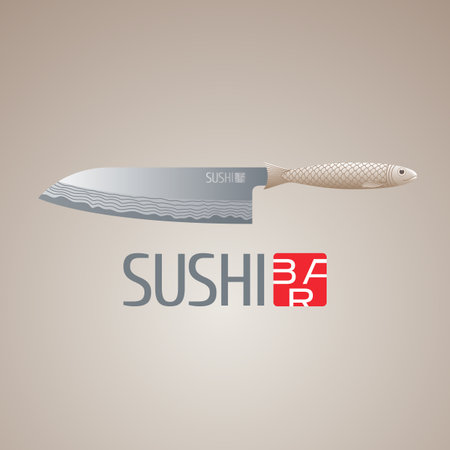 Sushi vector logo, icon, emblem. Design element, illustration with sharp steel fish knife for sushi bar, Japanese or seafood restaurant menuのイラスト素材