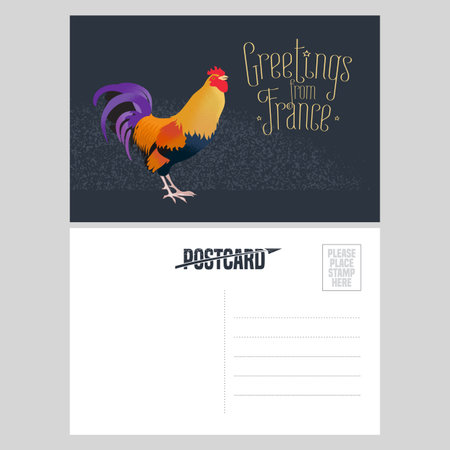 France vector postcard design with French symbol rooster. Template illustration, element, nonstandard mail postcard with copyspace, stamp and Greetings from France signのイラスト素材