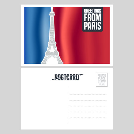 France, Paris vector postcard design with Eiffel tower and French flag. Template illustration, element, nonstandard vacation postcard with copyspace, mark, stamp and Greetings from Paris signのイラスト素材