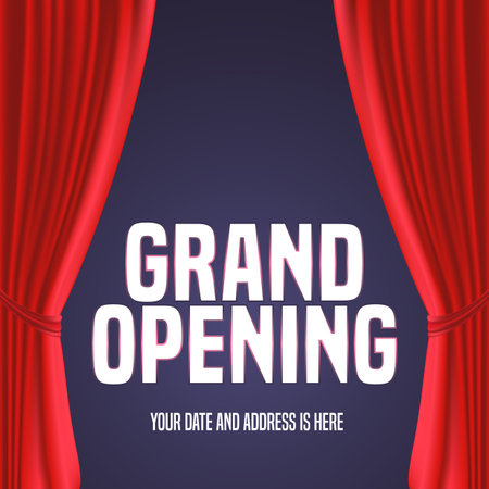 Grand opening , illustration. Template festive design element with red curtain, sign for opening ceremonyのイラスト素材