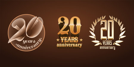 20 years anniversary set of  icon, number. 20th birthday, marriage or graduation anniversary, jubilee decoration design elements, signs, emblem, symbol, badge in goldのイラスト素材