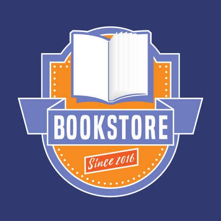 Bookstore, bookshop vector emblem, sign, symbol, icon. Retro style, vintage design element with open book for book store, book shop, e-books. Education concept illustrationのイラスト素材