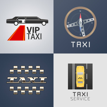 Taxi, cab set of vector, icon. Car hire black and yellow background, badge, app emblem. Taxicab made with pixels design elementのイラスト素材