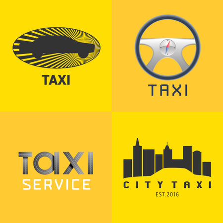 Taxi, cab set of vector, icon, background. Car hire black and yellow badge, app, emblem. Steering wheel with sign taxi design elementのイラスト素材