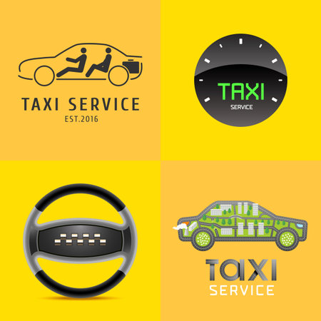 Taxi, cab set of vector, icon, symbol. Car hire black and yellow background, badge, app, web emblem. Steering wheel design elementのイラスト素材