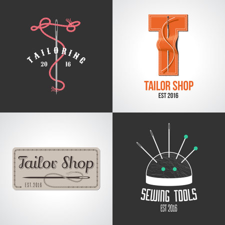 Set of tailor, atelier vector, icon, symbol, emblem, sign. Template graphic design elements for sewing service, tailoring shop. Hand made concept imageのイラスト素材
