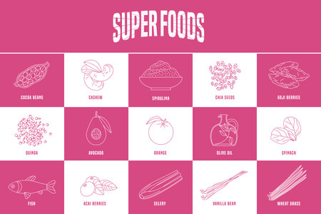 Set of superfoods products, berries, green in vector. Icons, symbols, emblems of cocoa beans, goji berry, vanilla beans, spirulina, avocado for super food nutrition conceptのイラスト素材