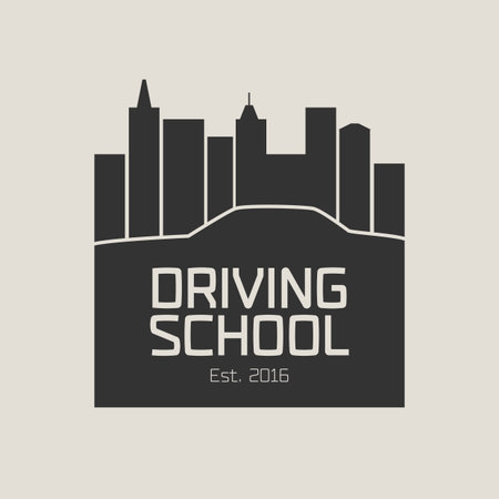 Driving license school vector logo, sign, emblem. Car driving along the streets graphic design element. Driving lessons concept illustrationのイラスト素材