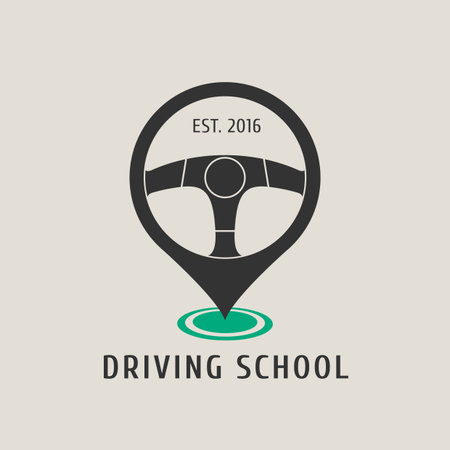 Automobile driving school vector logo, sign, emblem. Steering wheel design element. Driving lessons concept illustration, insignia, sticker, bannerのイラスト素材