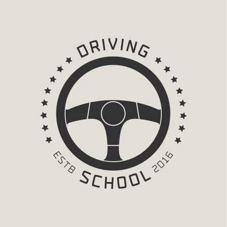 Driving license school vector logo, sign, emblem. Steering wheel graphic design element. Driving lessons concept illustrationのイラスト素材
