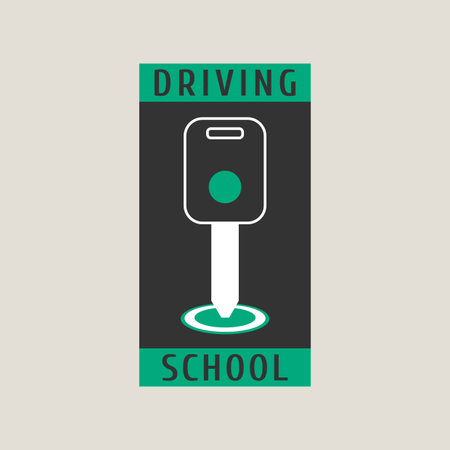 Driving school vector logo, sign, symbol, emblem. Key in car starter graphic design element. Professional driving lessons for auto license concept illustrationのイラスト素材