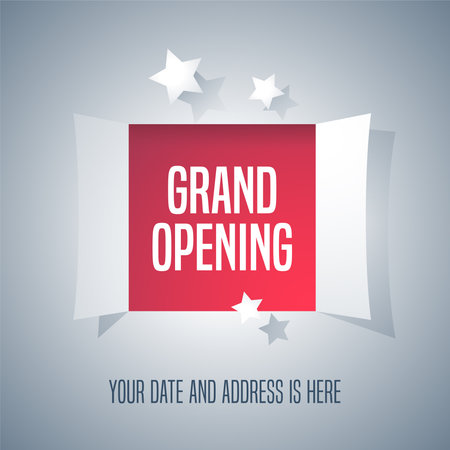 Grand opening vector background with open door. Template design element for opening event can be used as advertising banner or backdropのイラスト素材