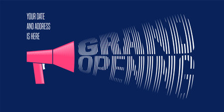 Grand opening vector illustration with announcement mouthpiece. Template concept design element for store opening ceremony can be used as banner, flyerのイラスト素材
