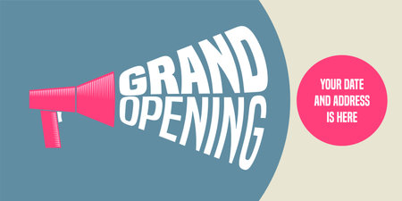 Grand opening vector background with megaphone and lettering sign. Template design element for store opening event can be used as bannerのイラスト素材