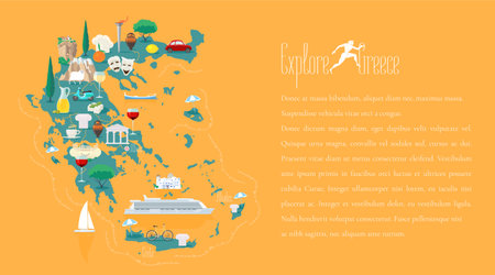 Map of Greece template vector illustration. Icons with Greek ruins, travel destinations.のイラスト素材