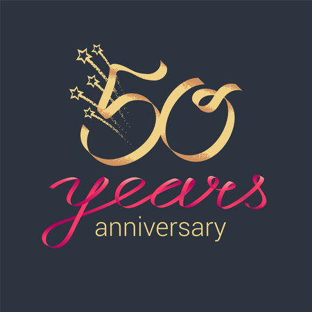 50 years anniversary vector icon, logo. Graphic design element with lettering and red ribbon for decoration for 50th anniversary ceremonyのイラスト素材