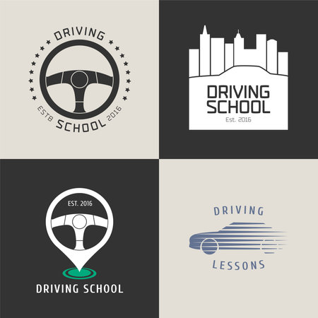 Collection of driving license school vector logo. Car driving on the city background, steering wheels graphic design elementのイラスト素材