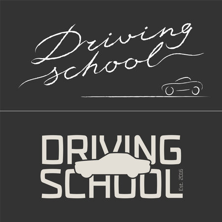 Set of driving school vector logo, emblem. Blackboard with car silhouette graphic design elementのイラスト素材