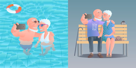 Old people vector illustration. Happy, smiling elderly people in swimming pool and on the bench taking selfieのイラスト素材